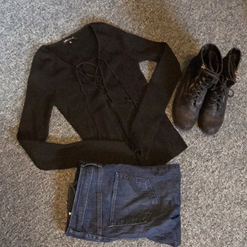 Kendall&Kylie Black Ribbed Lace Up Sweater